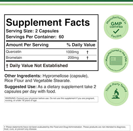 Double Wood Quercetin with Bromelain 1,200mg Immune Health Men and Women 120 Caps