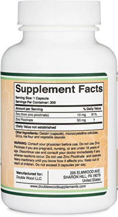 Double Wood Zinc Picolinate Çinko Immune Support 50mg 300 Caps