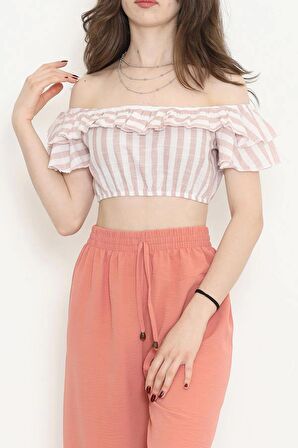 Çizgili Crop Bluz Pudrabeyaz - 18426.631.