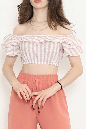 Çizgili Crop Bluz Pudrabeyaz - 18426.631.