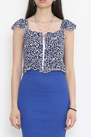 Fermuarlı Crop Bluz Maviçiçekli - 18473.1153.