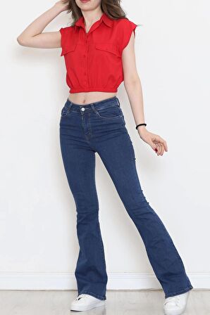 Cep Detaylı Crop Gömlek Kırmızı - 3471.1595.