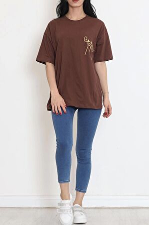 Baskılı Oversize Tişört Kahve - 16494.1567.