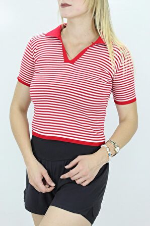 Polo Yaka Çizgili Tişört Kırmızı - 140.055