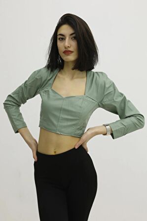Sırt Lastikli Dekolteli Deri Bluz Yeşil - P-019690