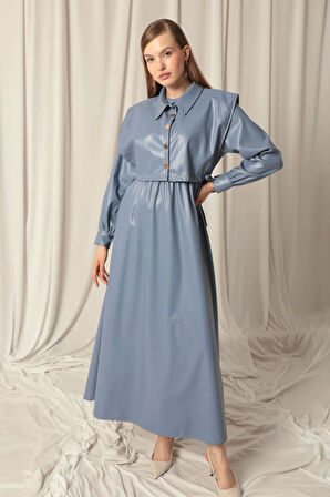 Deri Kumaş Kadın İndigo Elbise