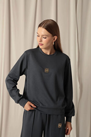 Modal Kumaş Metal Aksesuarlı Kadın Antrasit Takım