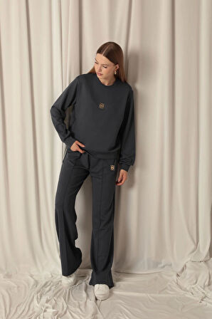 Modal Kumaş Metal Aksesuarlı Kadın Antrasit Takım