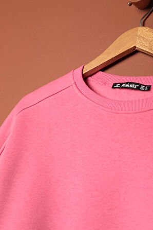 Üç İplik Sıfır Yaka Çimalı Kadın Pembe Sweat