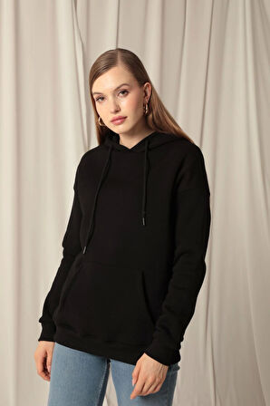 Üç İplik Kanguru Cep Kapüşonlu Kadın Siyah Sweat