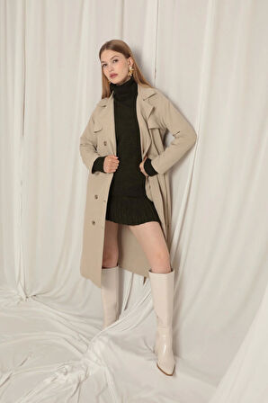 Torino Kumaş Sıvı Geçirmez Maxi Boy Kadın Taş Trençkot