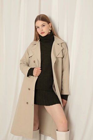 Torino Kumaş Sıvı Geçirmez Maxi Boy Kadın Taş Trençkot