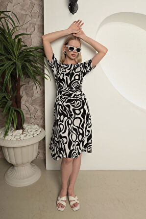 Viskon Kumaş Dalga Desen Kadın Elbise-Siyah