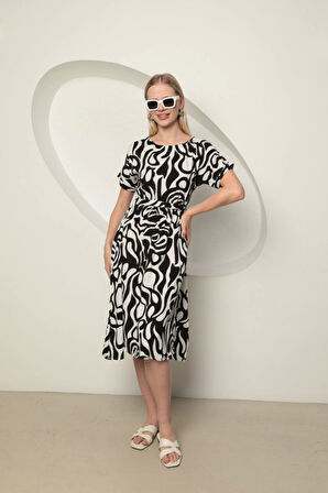 Viskon Kumaş Dalga Desen Kadın Elbise-Siyah