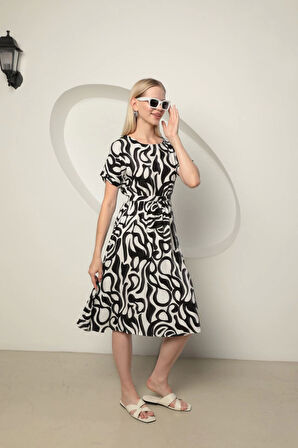 Viskon Kumaş Dalga Desen Kadın Elbise-Siyah