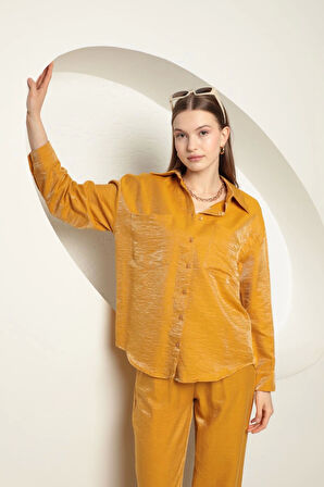 Parlak Kumaş Kadın Takım-Hardal