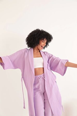 Müslin Kumaş Oversize Kadın Kimono-Lila