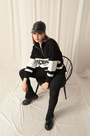 Üç İplik Michigan Baskılı Fermuarlı Kadın Siyah Sweat