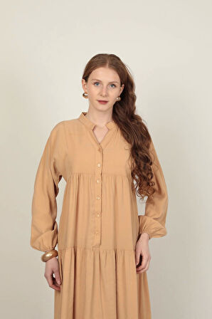 Modal Kumaş Kolu Lastikli Bej Elbise