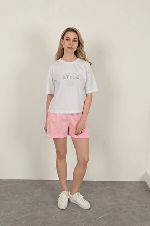 Süprem Kumaş Taş Detaylı Kadın Tişört-Beyaz