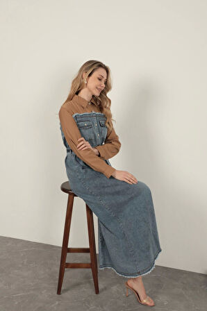 Denim Kumaş Garnili Elbise-Kahve