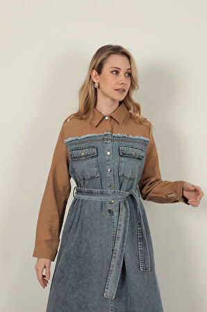 Denim Kumaş Garnili Elbise-Kahve