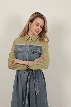Denim Kumaş Garnili Elbise-Haki