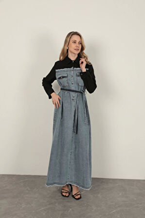 Denim Kumaş Garnili Elbise-Siyah