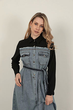 Denim Kumaş Garnili Elbise-Siyah