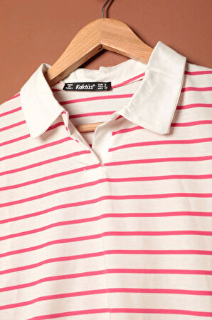 Süprem Kumaş Çizgili Kadın Tişört-Fuşya