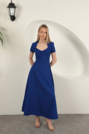 Double Atlas Kumaş Kemerli Elbise-Saks