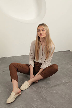 Sofia Keten Duble Paça Kadın Pantolon-Kahve