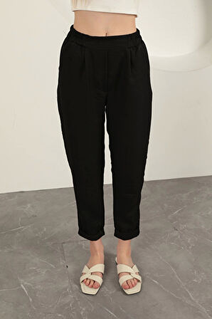 Sofia Keten Duble Paça Kadın Pantolon-Siyah