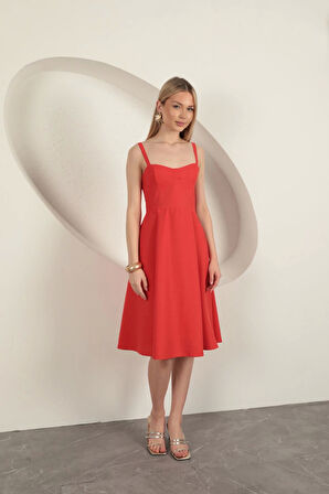 Askılı Midi Elbise-Kırmızı