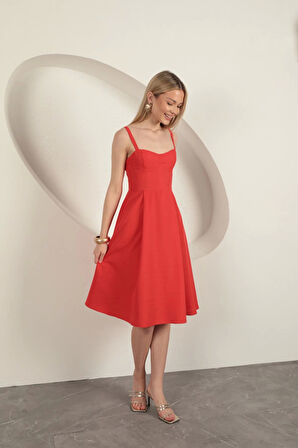 Askılı Midi Elbise-Kırmızı