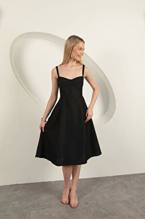 Askılı Midi Elbise-Siyah