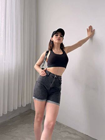 Duble Paça Yıkamalı Denim Şort