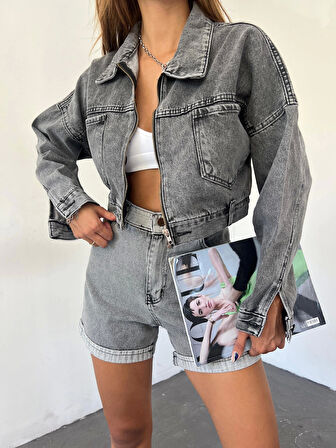 Fermuarlı Çift Cepli Denim Ceket