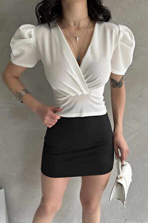 Kruvaze Yaka Karpuz Kol Crep Bluz