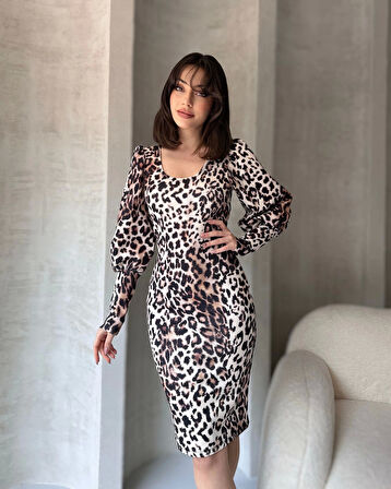 Leopar Desenli Midi Boy Elbise