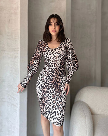 Leopar Desenli Midi Boy Elbise