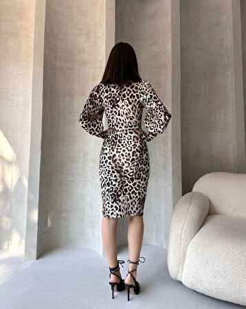 Leopar Desenli Midi Boy Elbise