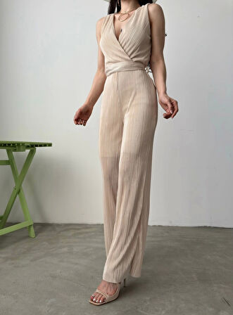 V Yaka Kuşaklı Krinkle Tulum