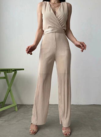 V Yaka Kuşaklı Krinkle Tulum