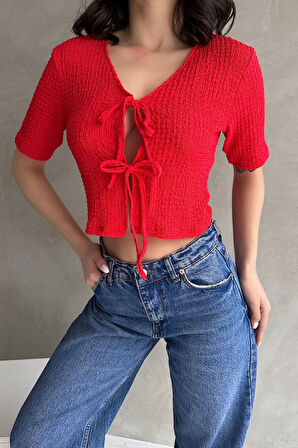 V Yaka Önü Bağlamalı Gofre Crop Bluz