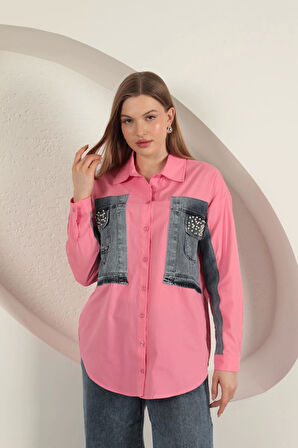 Poplin Kumaş Kot Garnili Pembe Kadın Gömlek