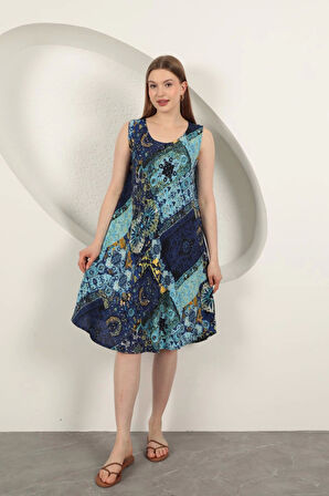 Viskon Kumaş Etnik Desenli Elbise-Saks