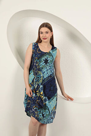 Viskon Kumaş Etnik Desenli Elbise-Saks