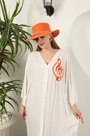 Viskon Sol Anahtar Nakışlı Elbise-Ekru