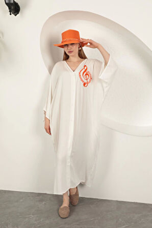 Viskon Sol Anahtar Nakışlı Elbise-Ekru